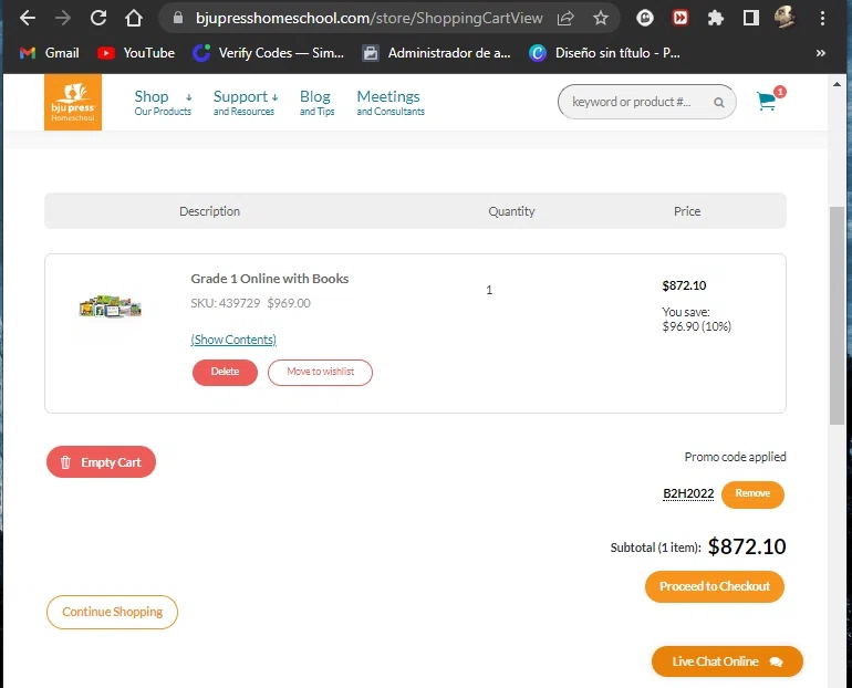 BJU Press Homeschool checkout page showing BJU Press Homeschool promo code box | Screenshot taken by SimplyCodes community member on Aug 1, 2022