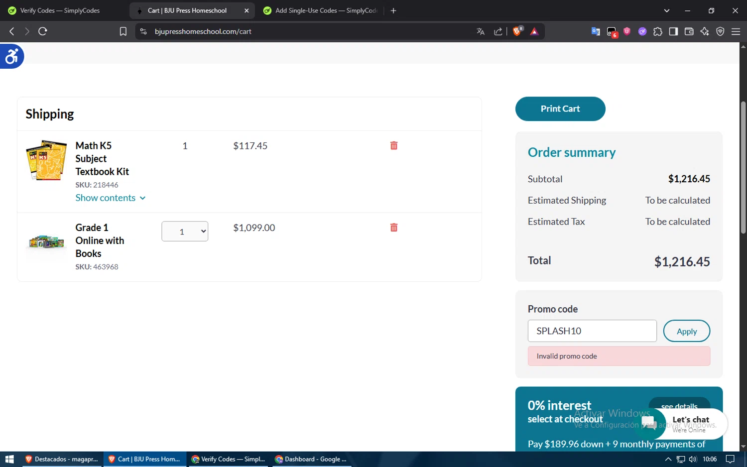 BJU Press Homeschool promo code screenshot showing code SPLASH10 applied at BJU Press Homeschool checkout page. Uploaded by SimplyCodes community member usuario500 on Jun 16, 2025