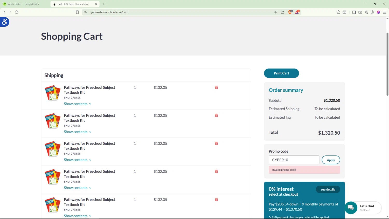 BJU Press Homeschool promo code screenshot showing code CYBER10 applied at BJU Press Homeschool checkout page. Uploaded by SimplyCodes community member JoseVentura on Dec 30, 2025