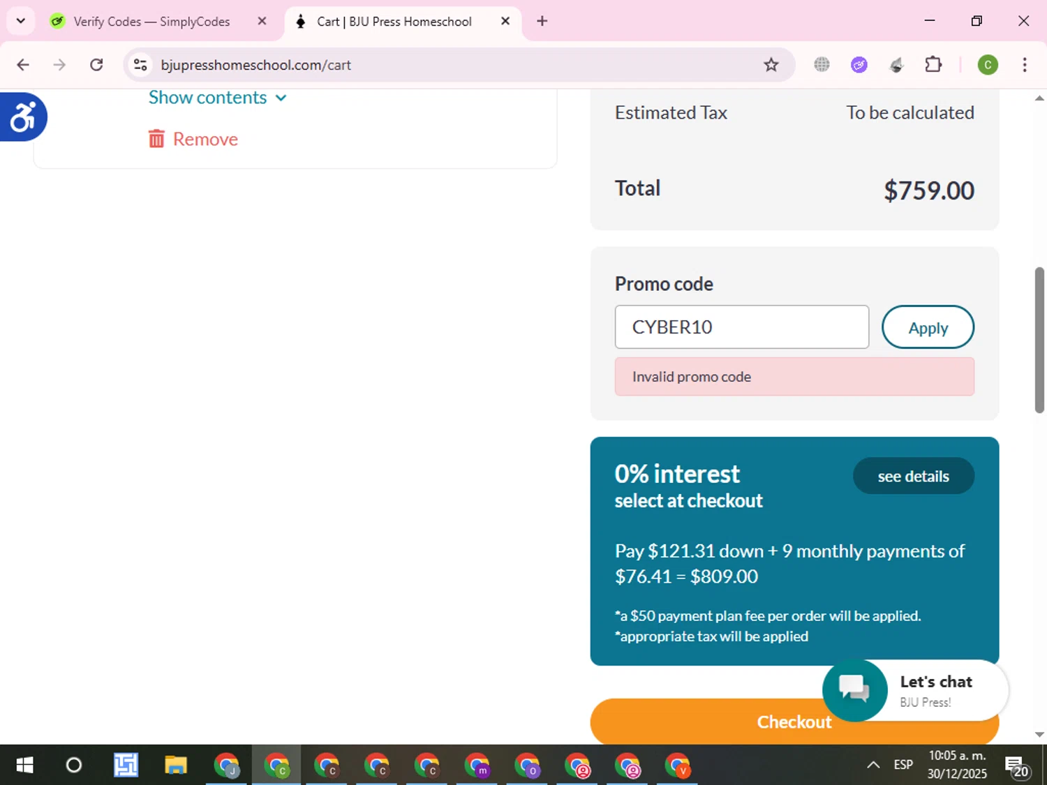 BJU Press Homeschool promo code screenshot showing code CYBER10 applied at BJU Press Homeschool checkout page. Uploaded by SimplyCodes community member RoyalKnight4673 on Dec 30, 2025