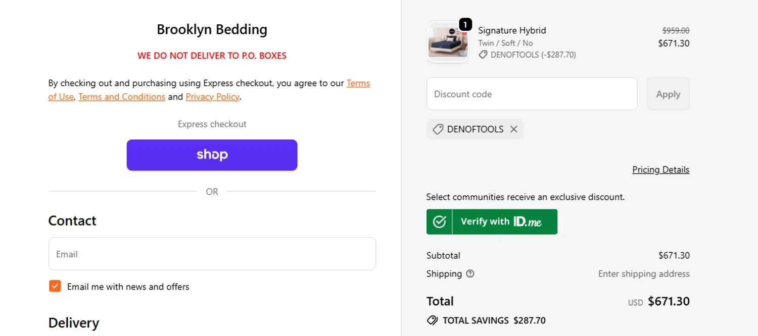 Brooklyn Bedding Custom Mattress promo code screenshot showing code denoftools applied at Brooklyn Bedding Custom Mattress checkout page. Uploaded by SimplyCodes community member SilverMakeup on Jun 3, 2026
