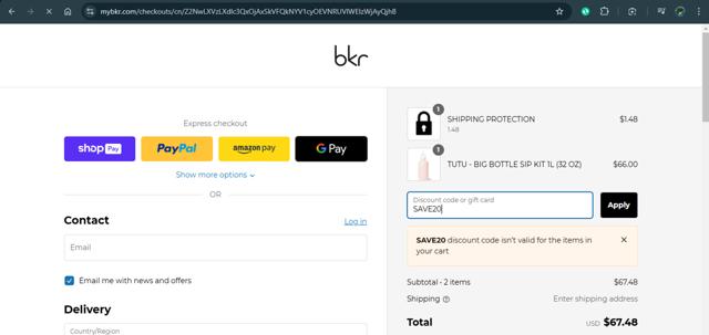 BKR checkout page showing BKR discount code box | Screenshot taken by SimplyCodes community member on Dec 6, 2024