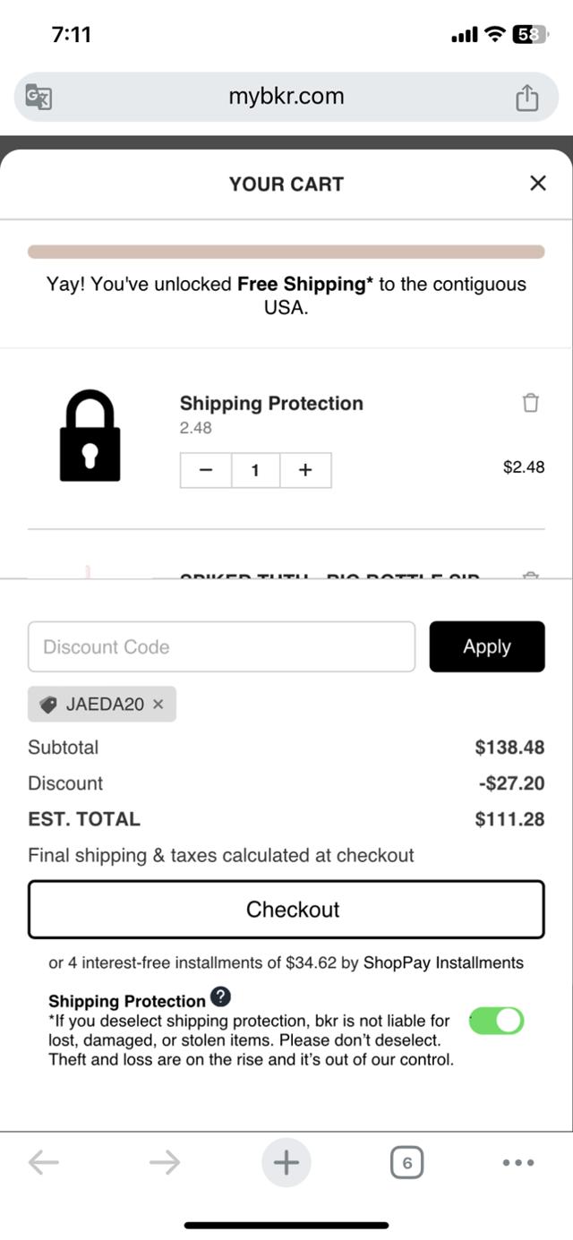 BKR checkout page showing BKR discount code box | Screenshot taken by SimplyCodes community member on Dec 10, 2023