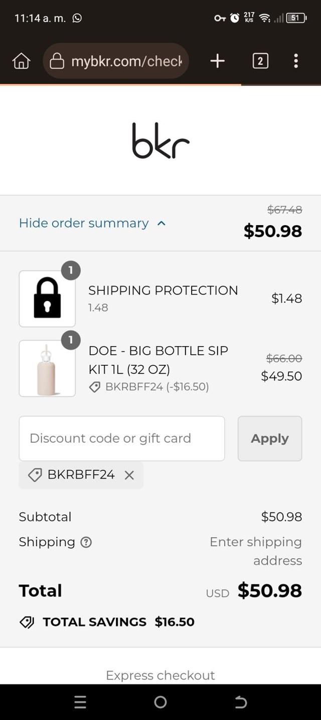 BKR checkout page showing BKR discount code box | Screenshot taken by SimplyCodes community member on Sep 5, 2024
