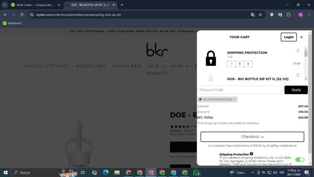BKR checkout page showing BKR discount code box | Screenshot taken by SimplyCodes community member on Nov 21, 2024