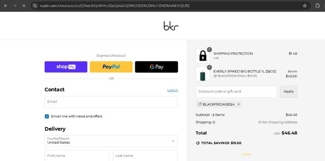 BKR checkout page showing BKR discount code box | Screenshot taken by SimplyCodes community member on Nov 21, 2024