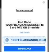 10OFFBLACKANDDECKER coupon verification screenshot
