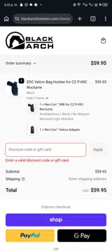 Black Arch Holsters coupon verification screenshot