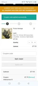 Black Arch Holsters coupon verification screenshot