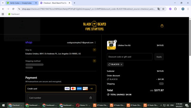 Black Beard Fire Starter checkout page showing Black Beard Fire Starter discount code box | Screenshot taken by SimplyCodes community member on Sep 6, 2025