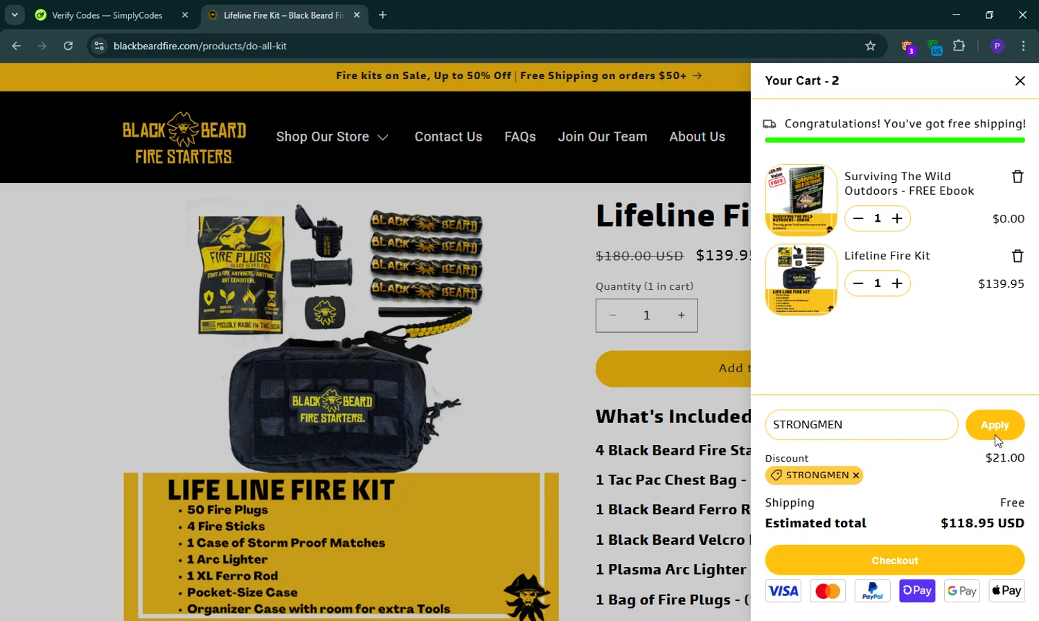 Black Beard Fire Starter discount code screenshot showing code STRONGMEN applied at Black Beard Fire Starter checkout page. Uploaded by SimplyCodes community member ShieldLion4225 on Apr 19, 2025