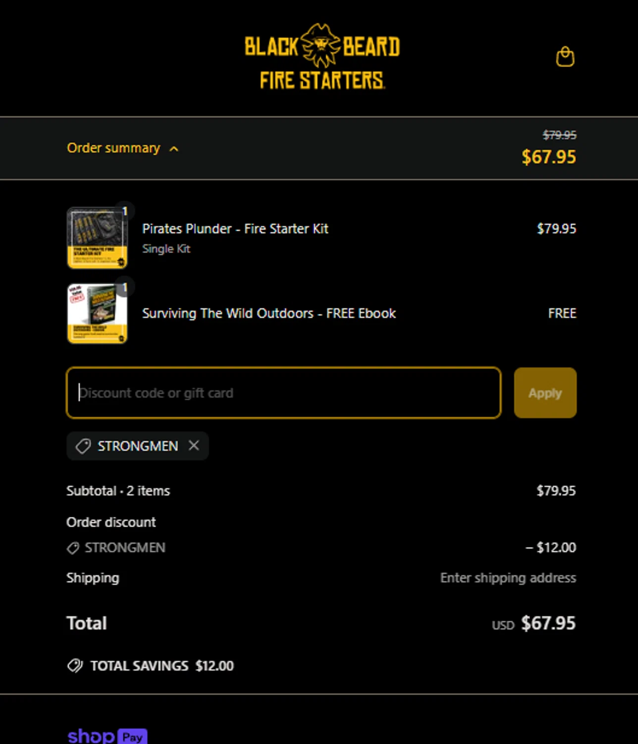 Black Beard Fire Starter discount code screenshot showing code STRONGMEN applied at Black Beard Fire Starter checkout page. Uploaded by SimplyCodes community member jaimitoalcachofa on Apr 15, 2025