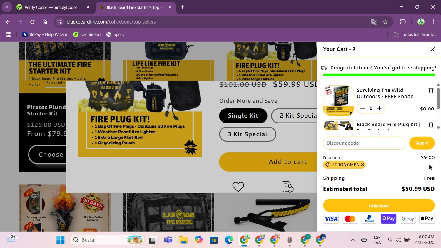 Black Beard Fire Starter discount code screenshot showing code STRONGMEN applied at Black Beard Fire Starter checkout page. Uploaded by SimplyCodes community member jungrimar on Apr 23, 2025