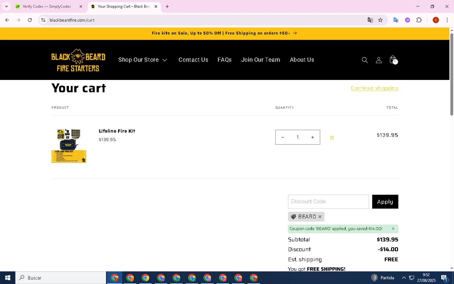 Black Beard Fire Starter discount code screenshot showing code BEARD applied at Black Beard Fire Starter checkout page. Uploaded by SimplyCodes community member Collug on Aug 27, 2025