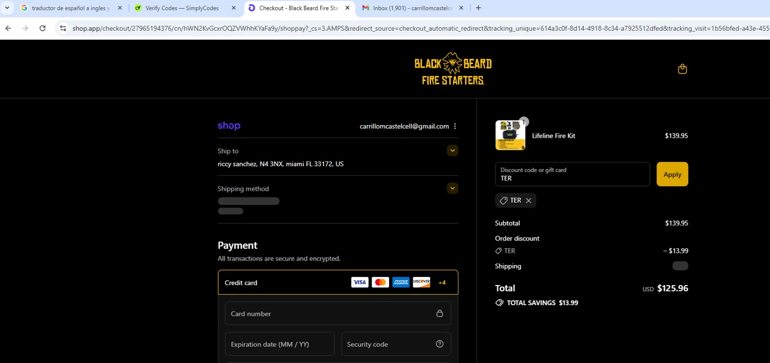Black Beard Fire Starter discount code screenshot showing code TER applied at Black Beard Fire Starter checkout page. Uploaded by SimplyCodes community member MightyMaven4946 on Aug 28, 2025