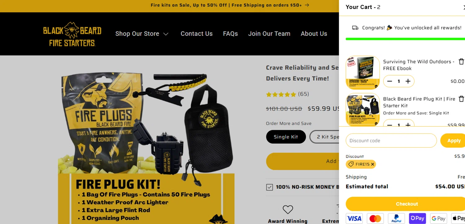 Black Beard Fire Starter discount code screenshot showing code FIRE15 applied at Black Beard Fire Starter checkout page. Uploaded by SimplyCodes community member Francisco on Aug 28, 2025