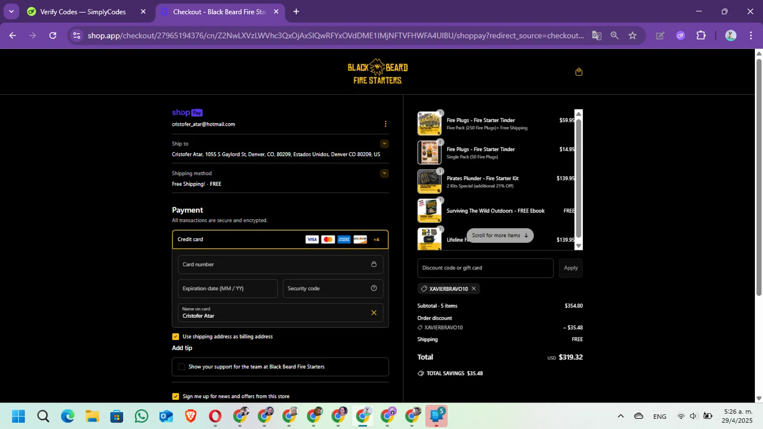 Black Beard Fire Starter discount code screenshot showing code XAVIERBRAVO10 applied at Black Beard Fire Starter checkout page. Uploaded by SimplyCodes community member Marielis on Apr 29, 2025