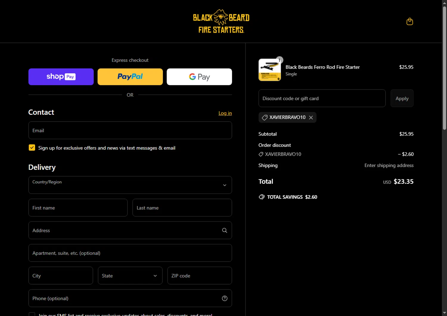 Black Beard Fire Starter discount code screenshot showing code XAVIERBRAVO10 applied at Black Beard Fire Starter checkout page. Uploaded by SimplyCodes community member Leannysv7lla on Apr 15, 2025