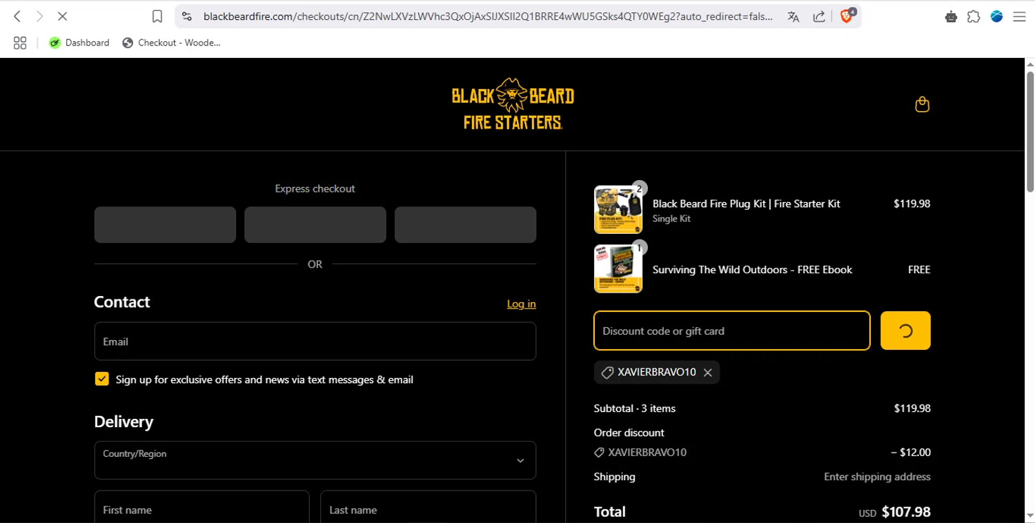 Black Beard Fire Starter discount code screenshot showing code XAVIERBRAVO10 applied at Black Beard Fire Starter checkout page. Uploaded by SimplyCodes community member pitamalkovich on Apr 15, 2025