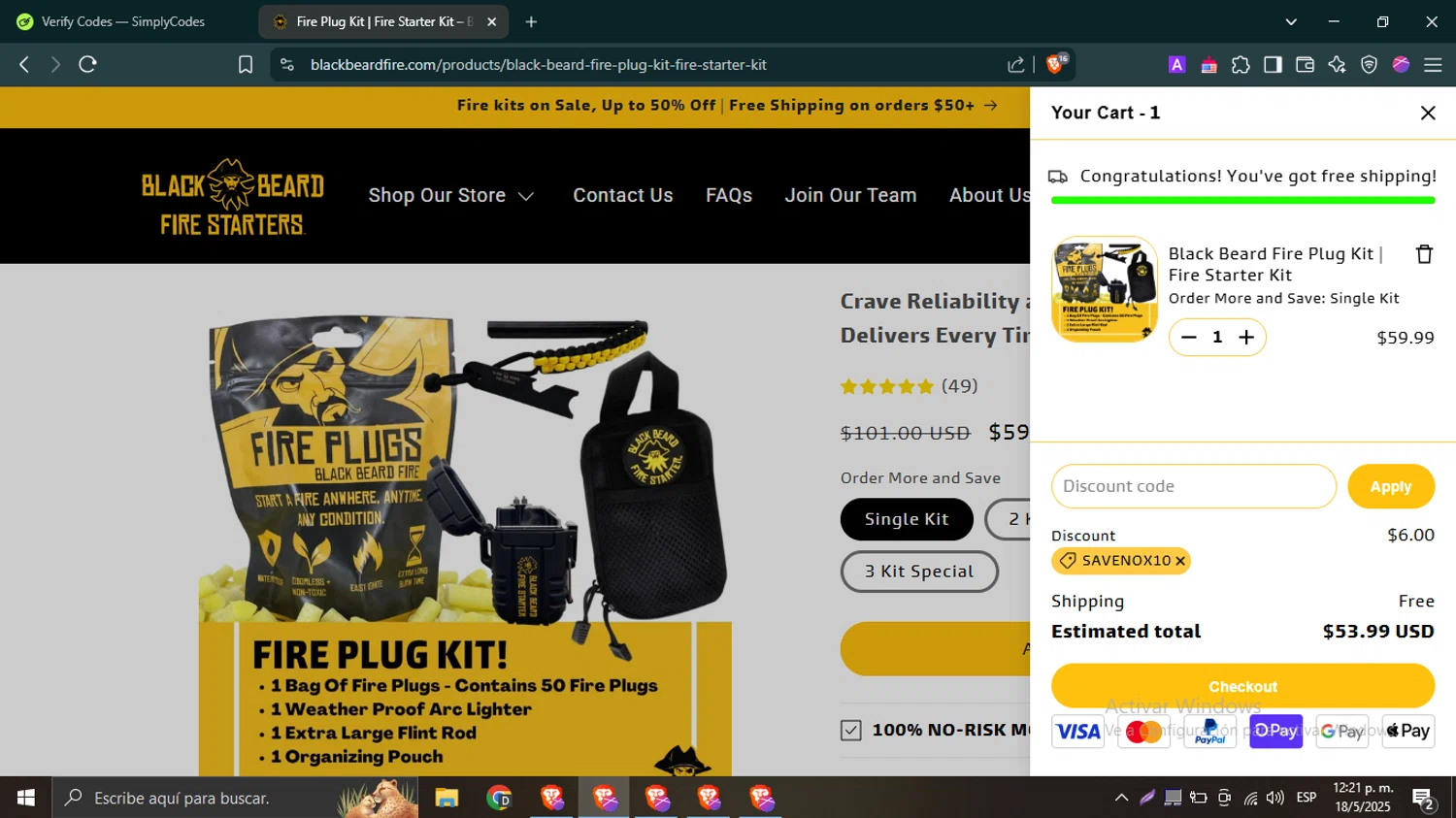 Black Beard Fire Starter discount code screenshot showing code SAVENOX10 applied at Black Beard Fire Starter checkout page. Uploaded by SimplyCodes community member TokenTitan4464 on May 18, 2025