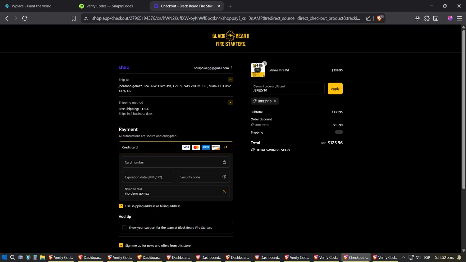 Black Beard Fire Starter discount code screenshot showing code JBREZY10 applied at Black Beard Fire Starter checkout page. Uploaded by SimplyCodes community member Sesshomaru on Aug 28, 2025