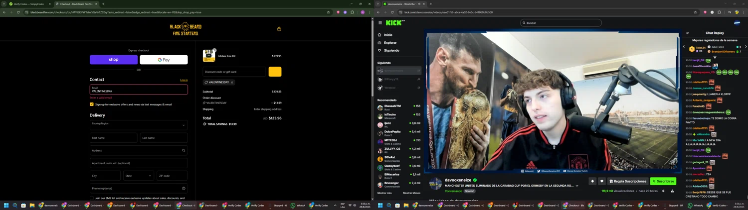 Black Beard Fire Starter discount code screenshot showing code VALENTINESDAY applied at Black Beard Fire Starter checkout page. Uploaded by SimplyCodes community member PennyWizard1195 on Aug 28, 2025