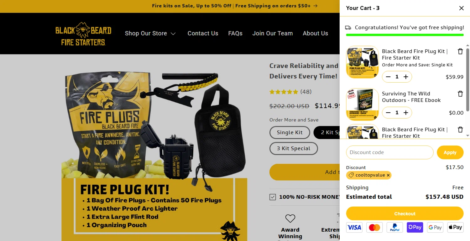 Black Beard Fire Starter discount code screenshot showing code cooltopvalue applied at Black Beard Fire Starter checkout page. Uploaded by SimplyCodes community member MarcosTorresVzla on May 5, 2025