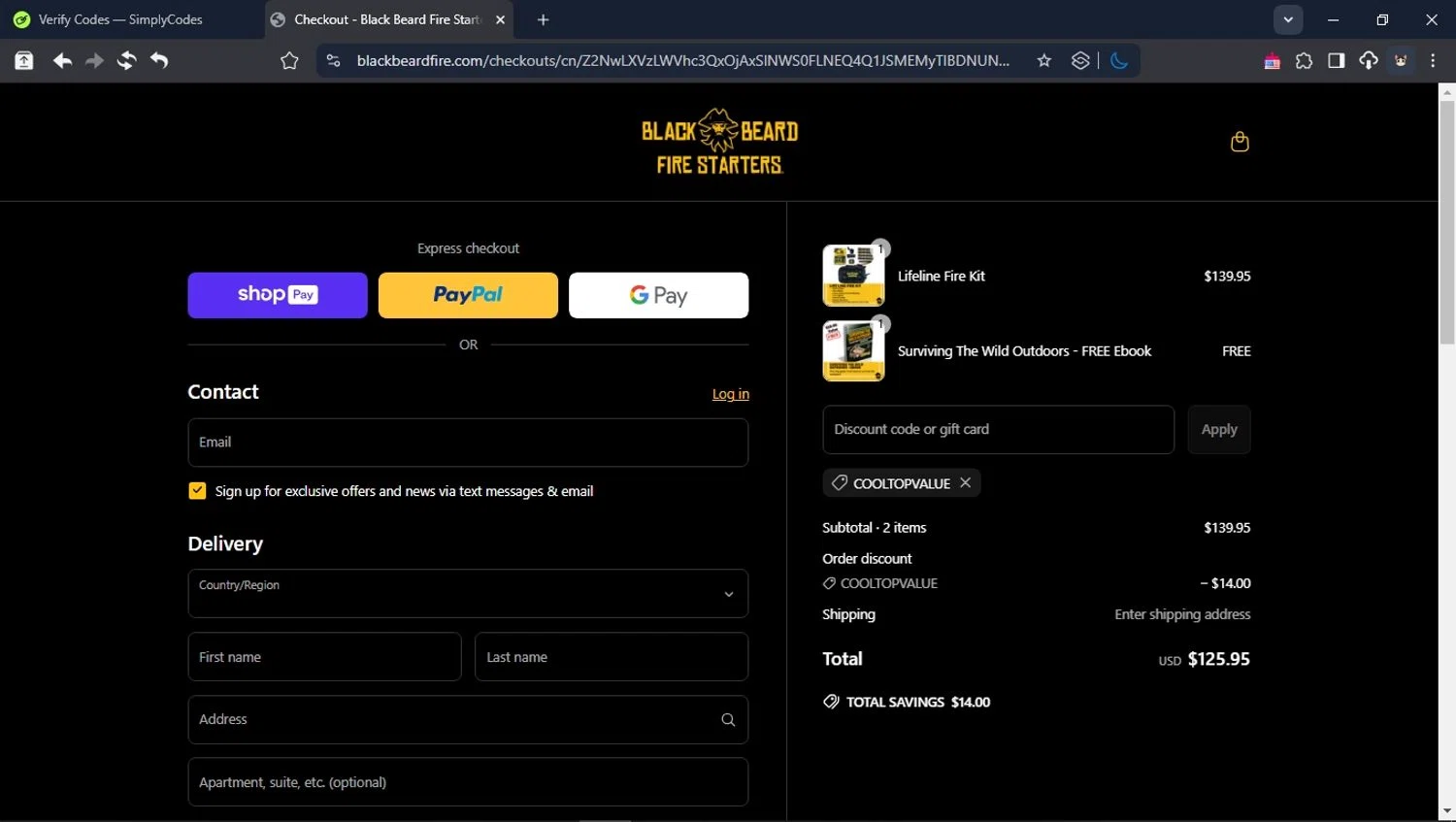 Black Beard Fire Starter discount code screenshot showing code cooltopvalue applied at Black Beard Fire Starter checkout page. Uploaded by SimplyCodes community member User_Randon1 on Apr 27, 2025