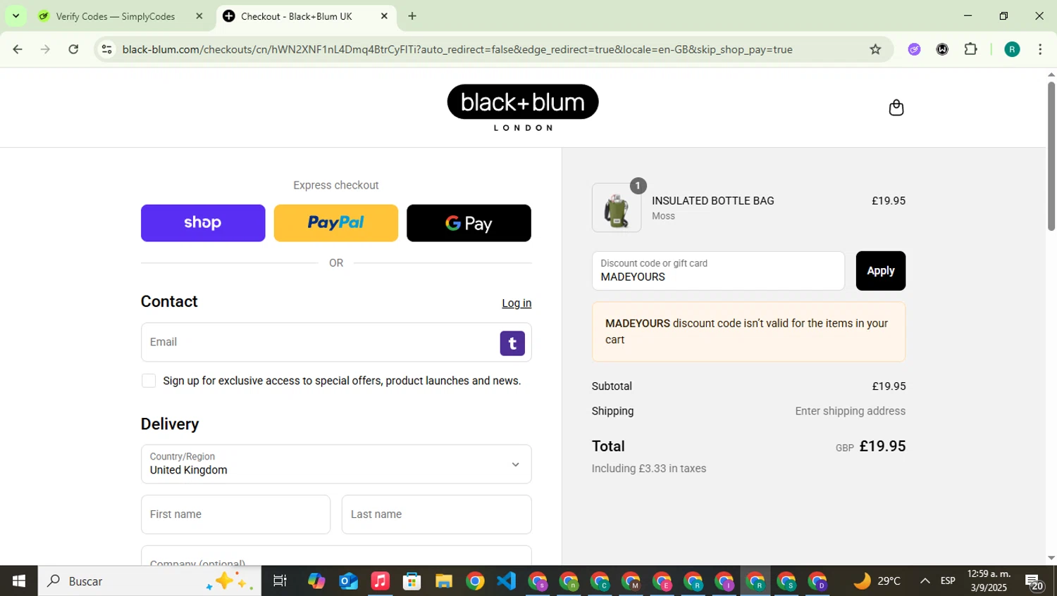 Black+Blum checkout page showing Black+Blum promo code box | Screenshot taken by SimplyCodes community member on Sep 3, 2025