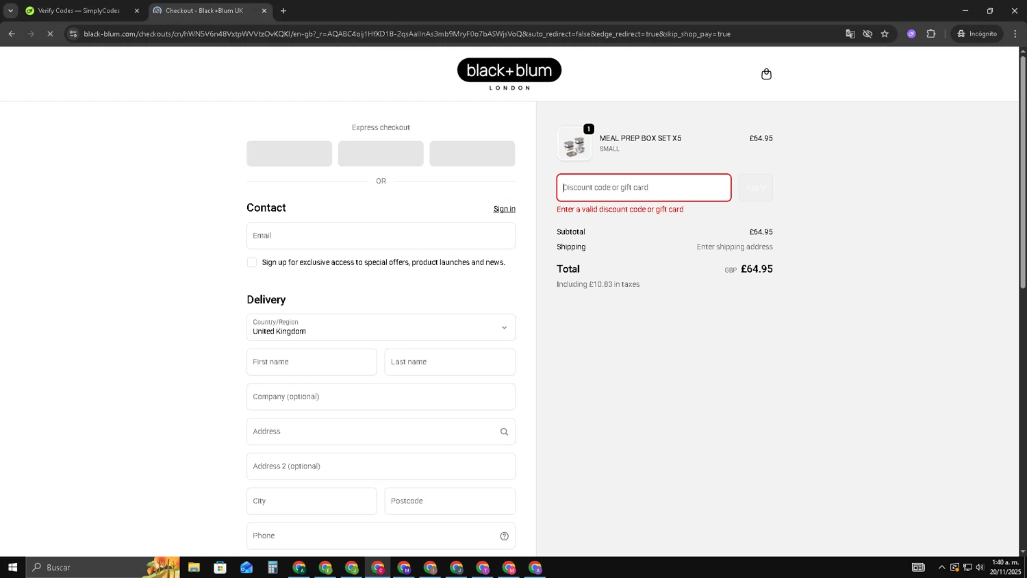 Black+Blum promo code screenshot showing code HAPPY15 applied at Black+Blum checkout page. Uploaded by SimplyCodes community member TOROREX250 on Nov 20, 2025