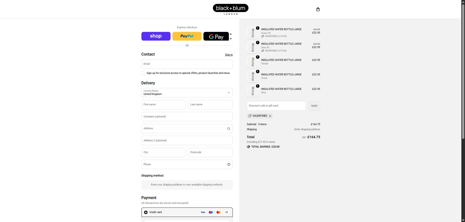Black+Blum checkout page showing Black+Blum promo code box | Screenshot taken by SimplyCodes community member on Feb 4, 2026