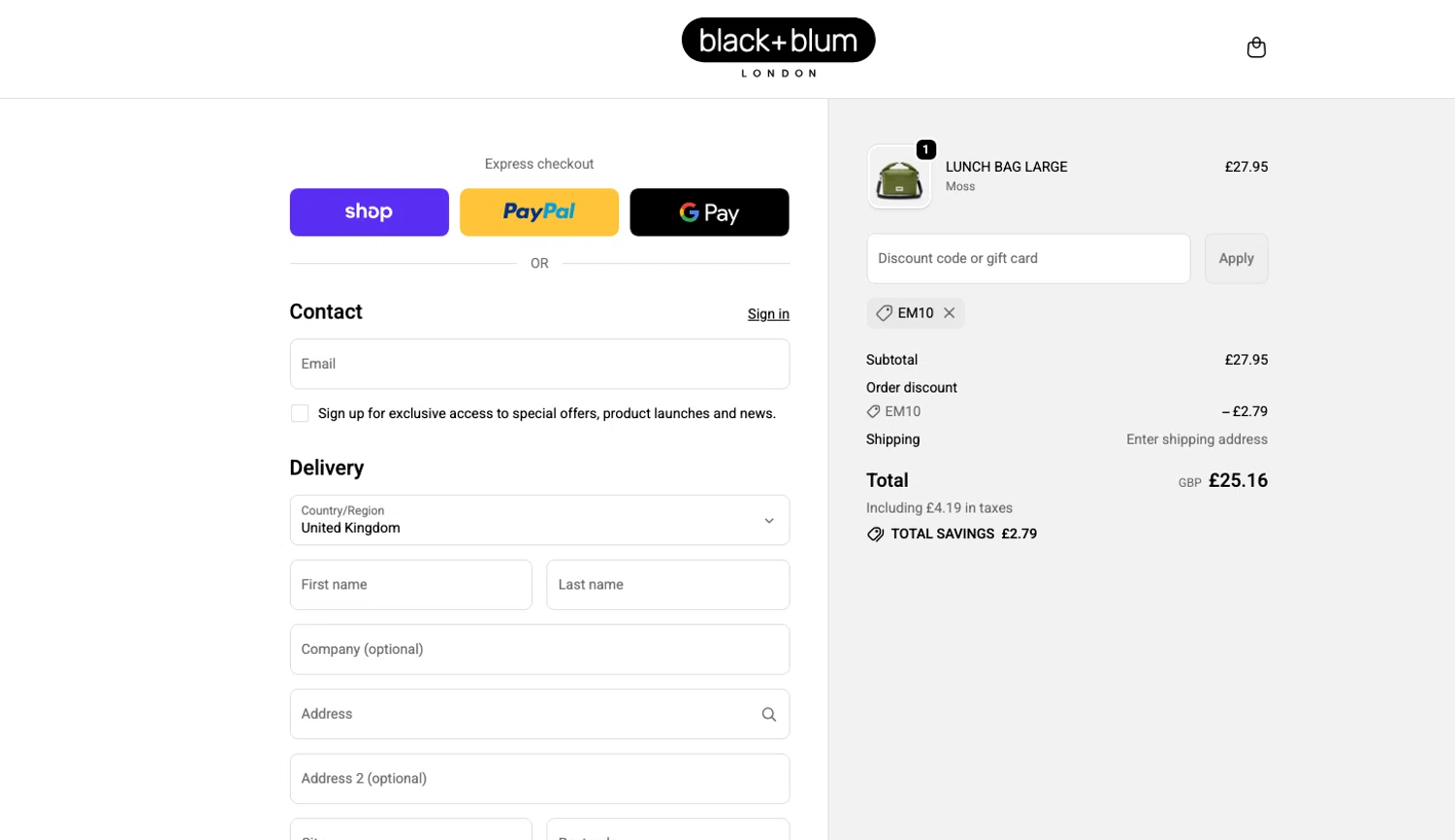 Black+Blum promo code screenshot showing code EM10 applied at Black+Blum checkout page. Uploaded by SimplyCodes community member ELOIN777 on Jan 19, 2026