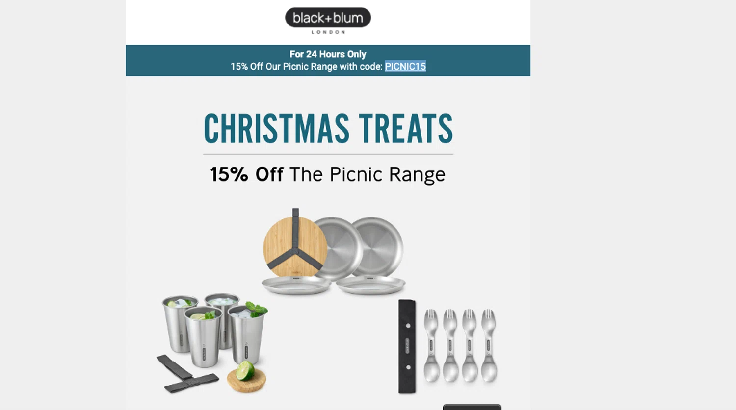 Black+Blum promo code screenshot showing code PICNIC15 applied at Black+Blum checkout page. Uploaded by SimplyCodes community member ELOIN777 on Dec 10, 2025