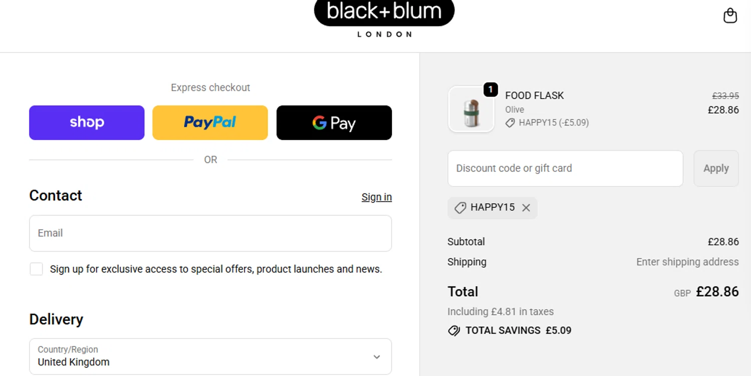Black+Blum promo code screenshot showing code HAPPY15 applied at Black+Blum checkout page. Uploaded by SimplyCodes community member eithanmilas on Nov 15, 2025