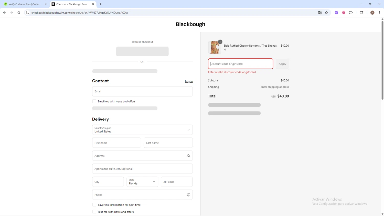 Blackbough Swim discount code screenshot showing code THANKYOU10 applied at Blackbough Swim checkout page. Uploaded by SimplyCodes community member SwiftSage2309 on Aug 23, 2025