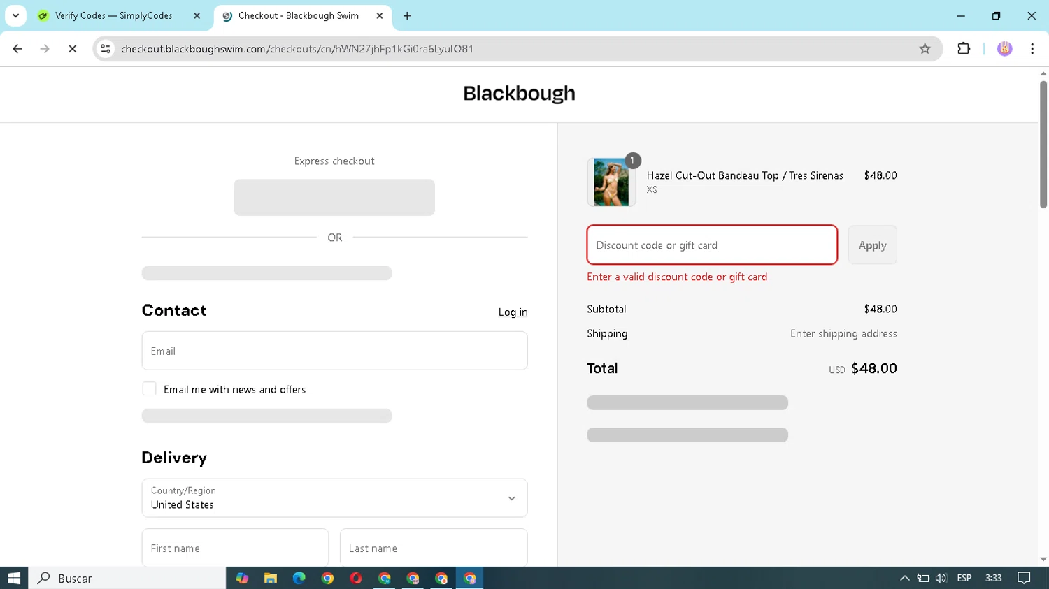 Blackbough Swim discount code screenshot showing code THANKYOU10 applied at Blackbough Swim checkout page. Uploaded by SimplyCodes community member cristianojesus on Aug 23, 2025
