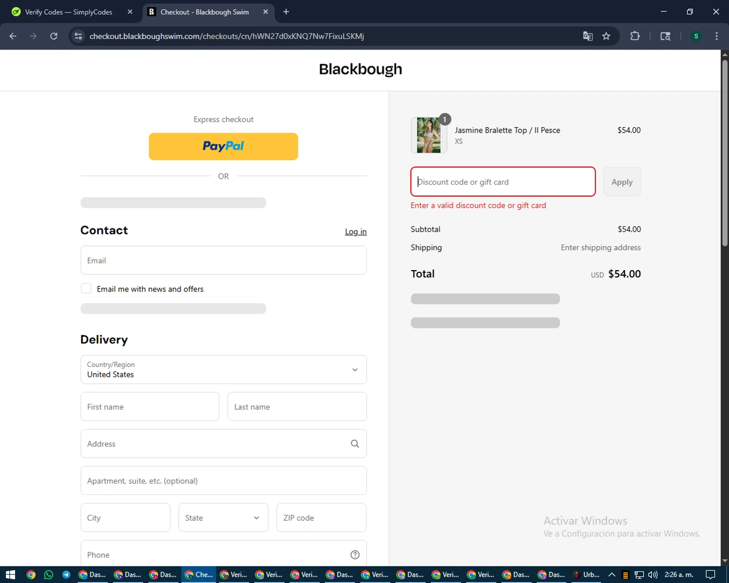 Blackbough Swim discount code screenshot showing code THANKYOU10 applied at Blackbough Swim checkout page. Uploaded by SimplyCodes community member lilMosey on Aug 23, 2025