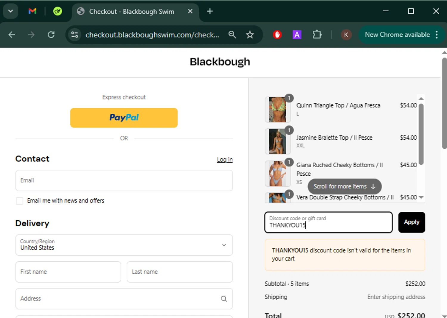 Blackbough Swim discount code screenshot showing code THANKYOU15 applied at Blackbough Swim checkout page. Uploaded by SimplyCodes community member Keilynkeyonshea on Apr 5, 2025