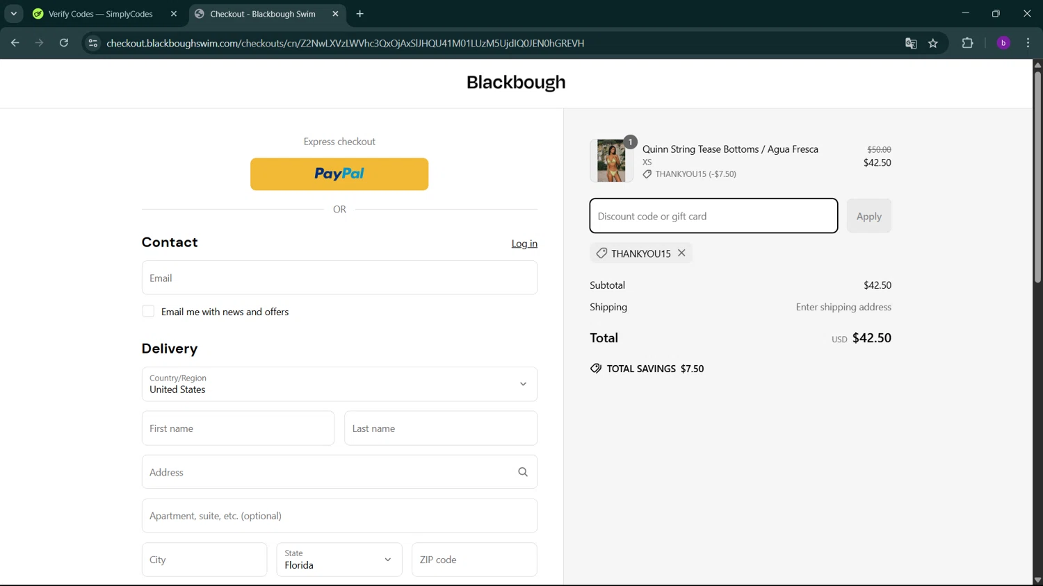Blackbough Swim discount code screenshot showing code THANKYOU15 applied at Blackbough Swim checkout page. Uploaded by SimplyCodes community member RoyalSleuth2430 on Apr 10, 2025