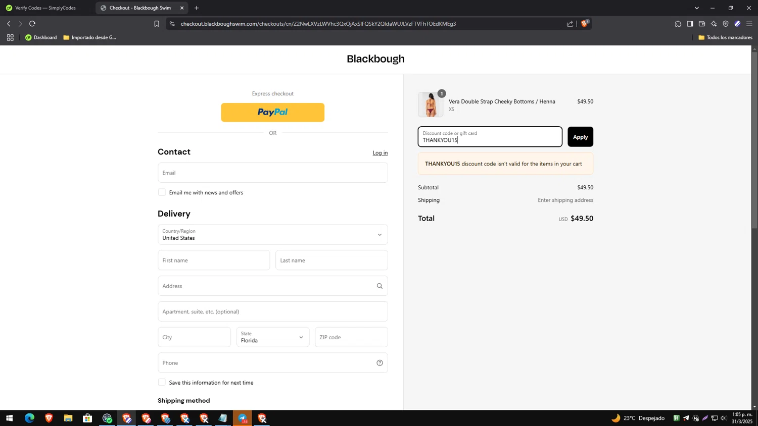 Blackbough Swim discount code screenshot showing code THANKYOU15 applied at Blackbough Swim checkout page. Uploaded by SimplyCodes community member yesenia on Mar 31, 2025