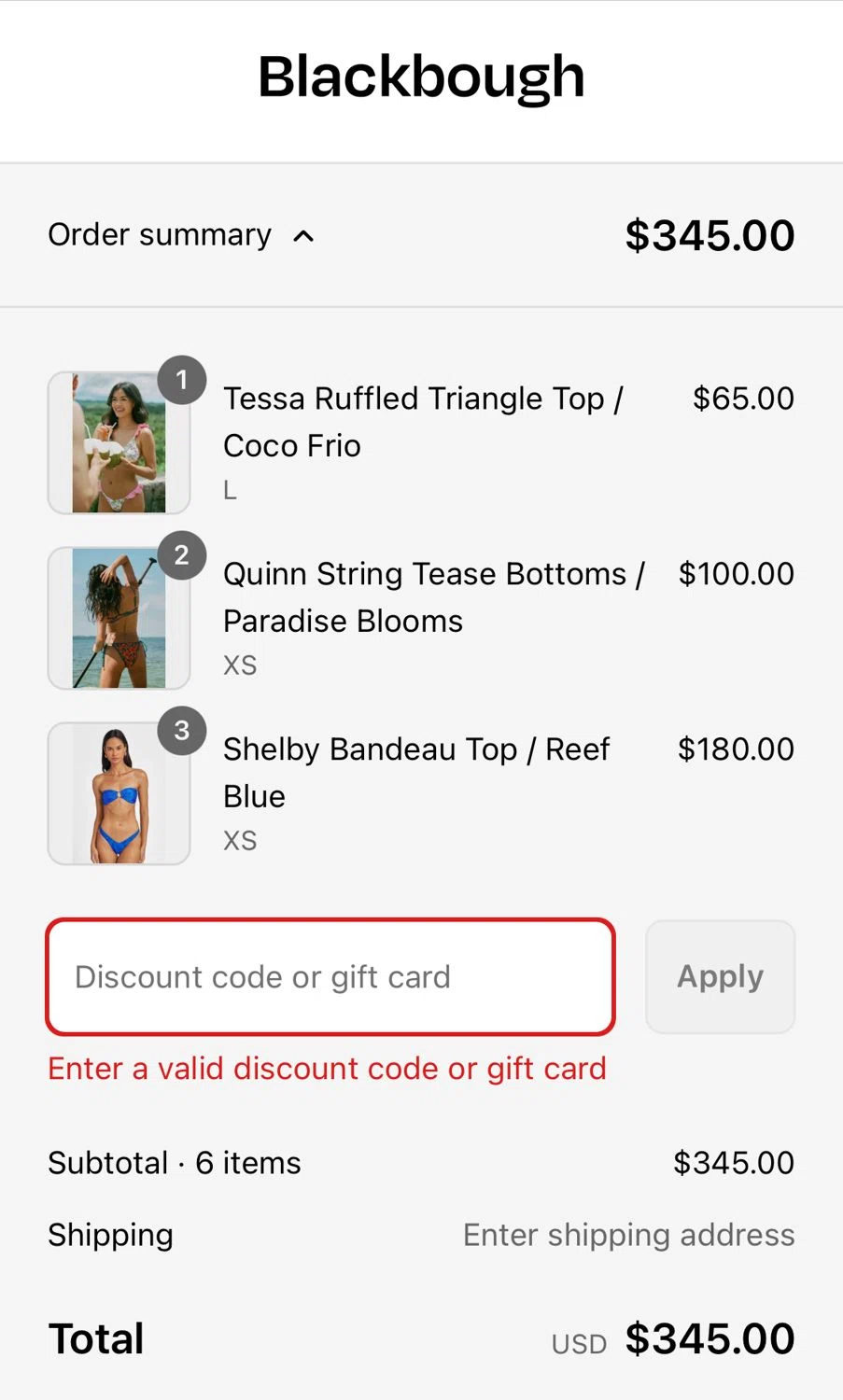 Blackbough Swim discount code screenshot showing code LILY10 applied at Blackbough Swim checkout page. Uploaded by SimplyCodes community member andreina on Jul 10, 2025