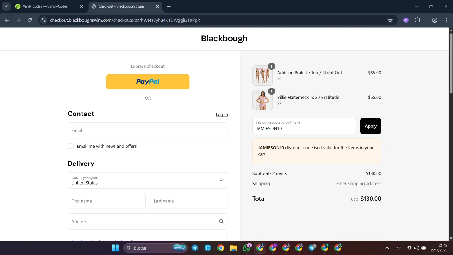 Blackbough Swim discount code screenshot showing code JAMIESON10 applied at Blackbough Swim checkout page. Uploaded by SimplyCodes community member CleverFalcon6244 on Jul 28, 2025