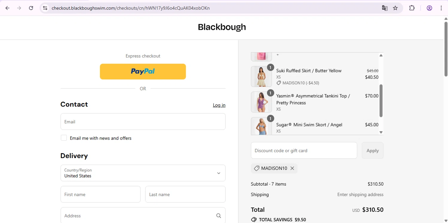 Blackbough Swim discount code screenshot showing code MADISON10 applied at Blackbough Swim checkout page. Uploaded by SimplyCodes community member SaleSentinel7319 on Jul 28, 2025