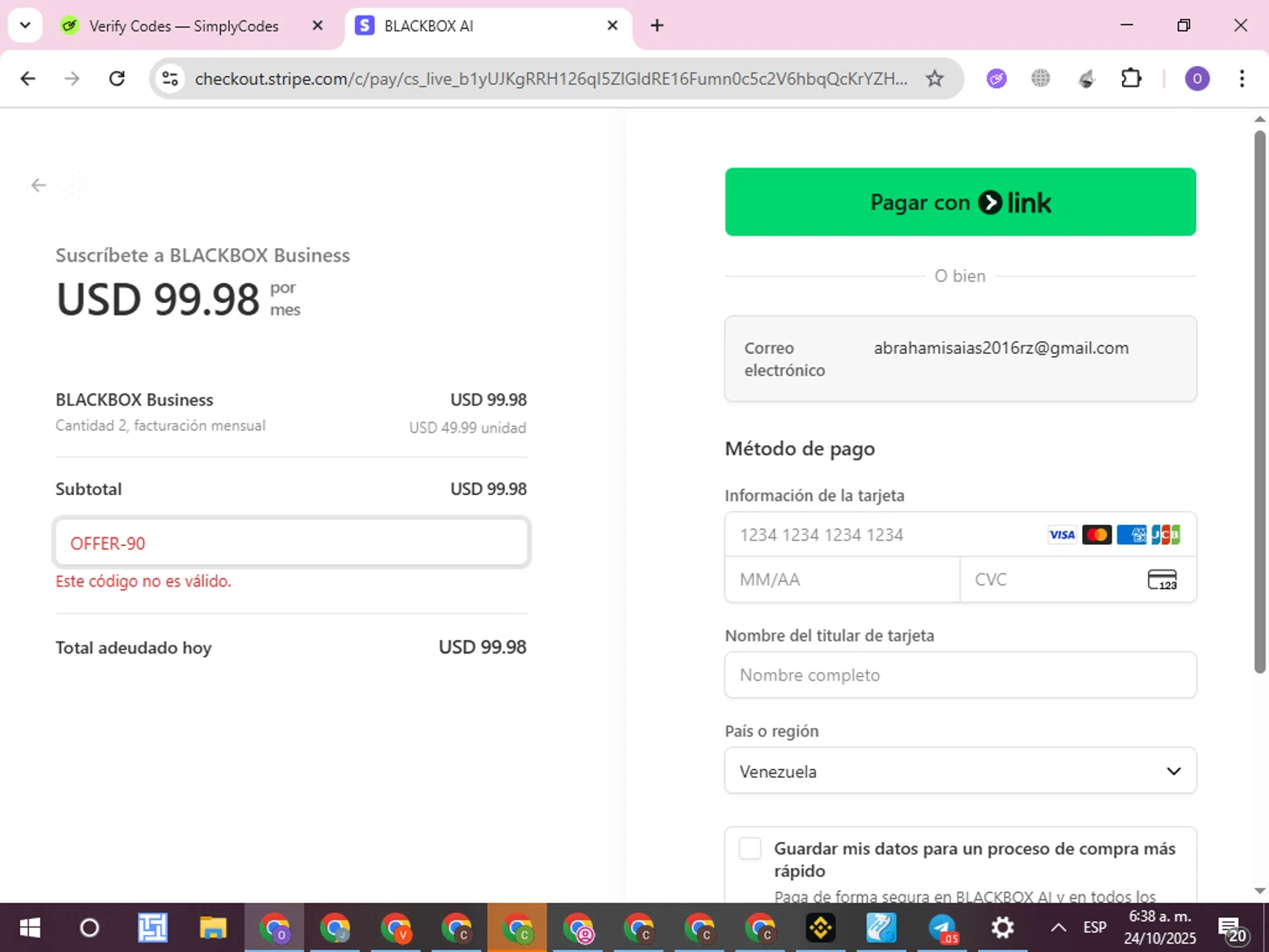 Blackbox AI promo code screenshot showing code offer-90 applied at Blackbox AI checkout page. Uploaded by SimplyCodes community member CleverLynx8245 on Oct 24, 2025