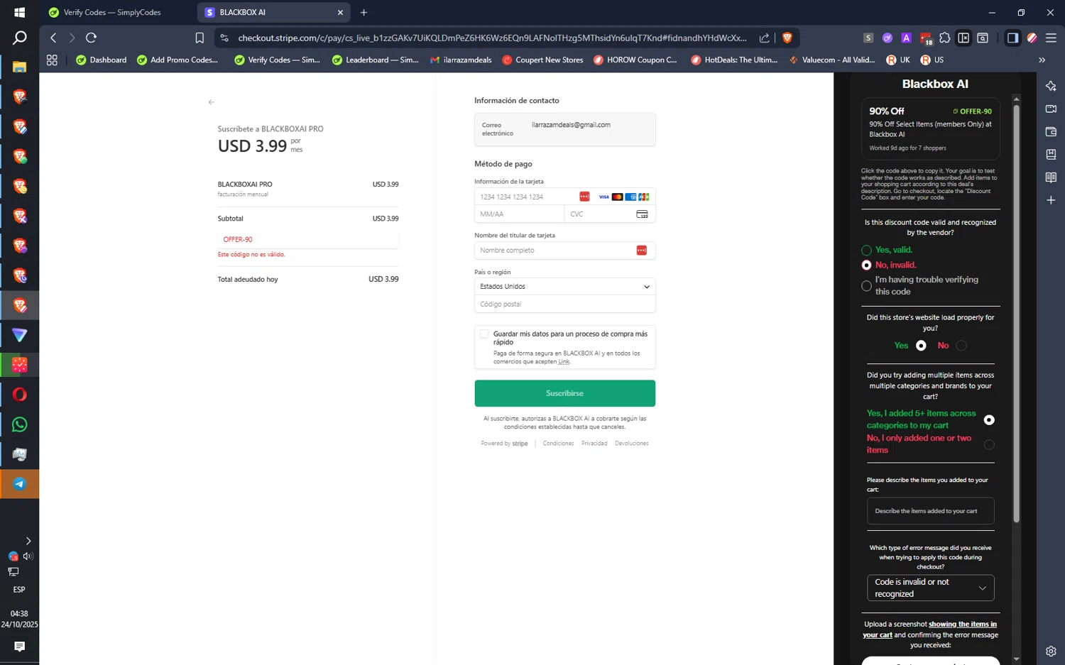 Blackbox AI promo code screenshot showing code offer-90 applied at Blackbox AI checkout page. Uploaded by SimplyCodes community member IronMind4607 on Oct 24, 2025