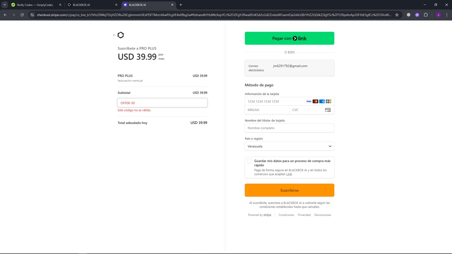 Blackbox AI promo code screenshot showing code offer-50 applied at Blackbox AI checkout page. Uploaded by SimplyCodes community member NobleHunter7932 on Dec 9, 2025