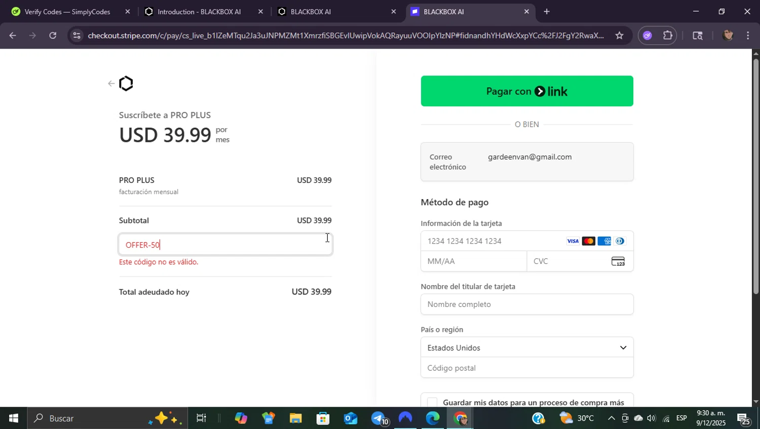 Blackbox AI promo code screenshot showing code offer-50 applied at Blackbox AI checkout page. Uploaded by SimplyCodes community member ShieldEagle9436 on Dec 9, 2025