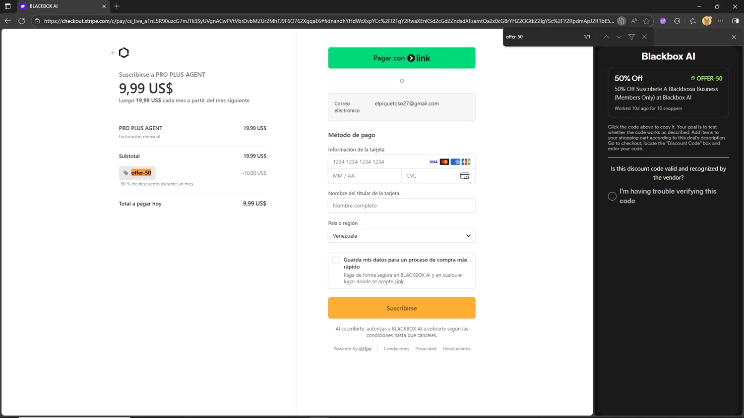 Blackbox AI checkout page showing Blackbox AI promo code box | Screenshot taken by SimplyCodes community member on Nov 30, 2025
