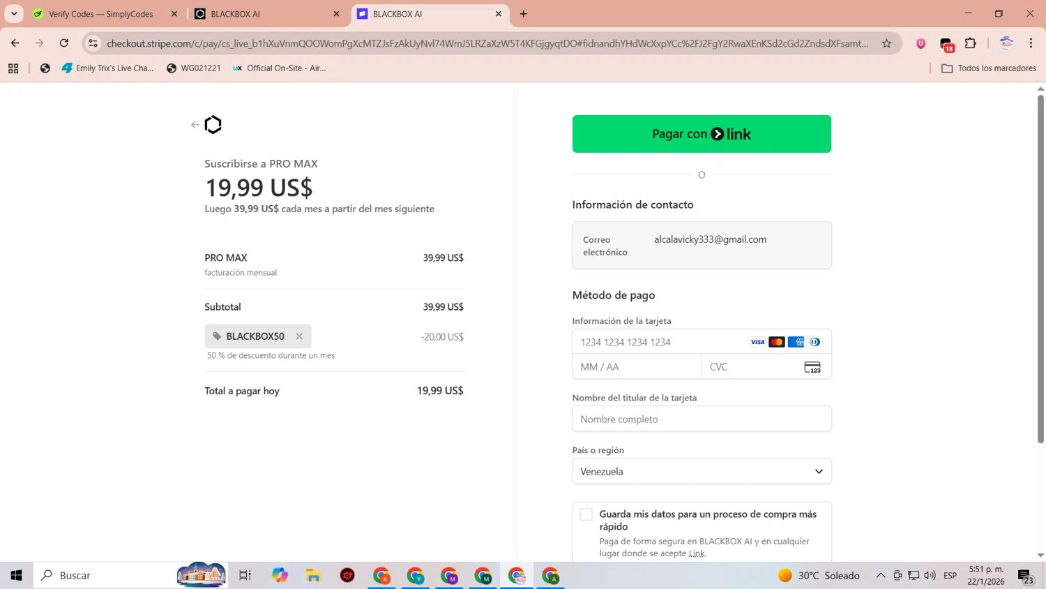 Blackbox AI promo code screenshot showing code BLACKBOX50 applied at Blackbox AI checkout page. Uploaded by SimplyCodes community member CoinLegend1707 on Jan 22, 2026
