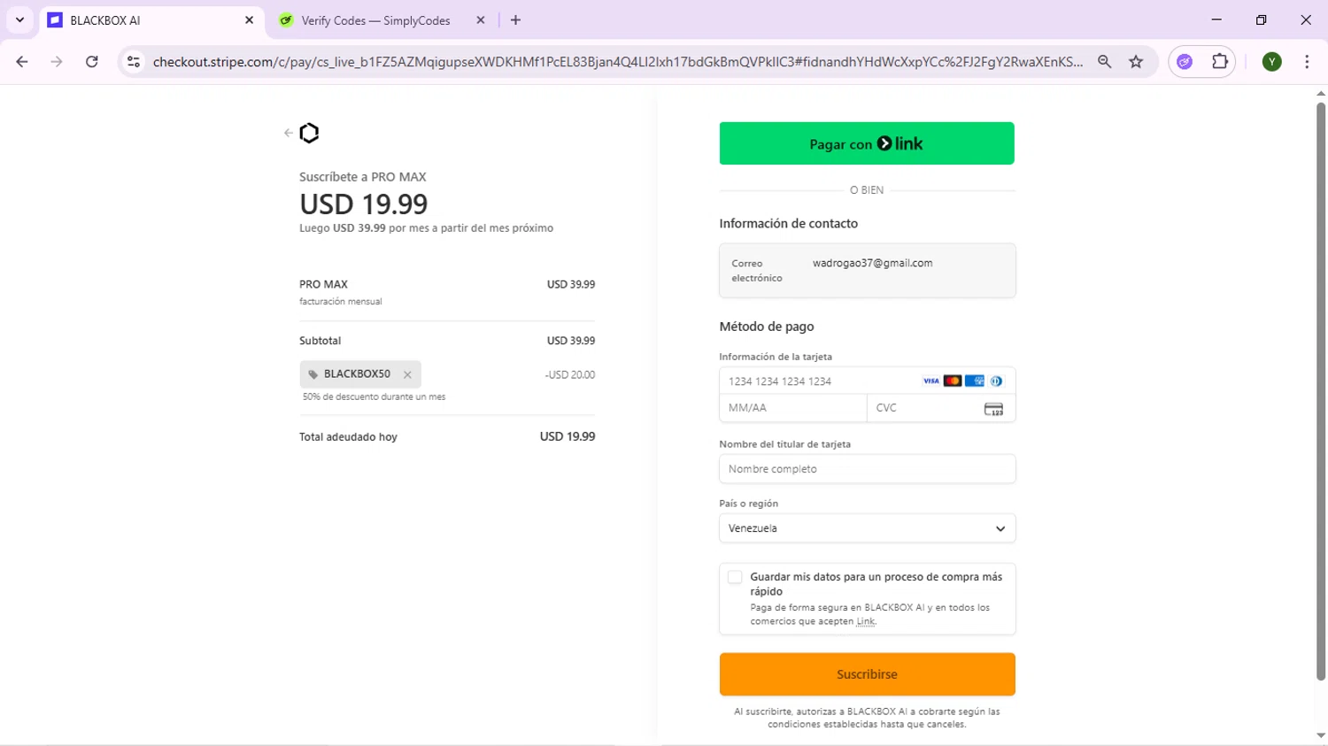 Blackbox AI checkout page showing Blackbox AI promo code box | Screenshot taken by SimplyCodes community member on Jan 13, 2026